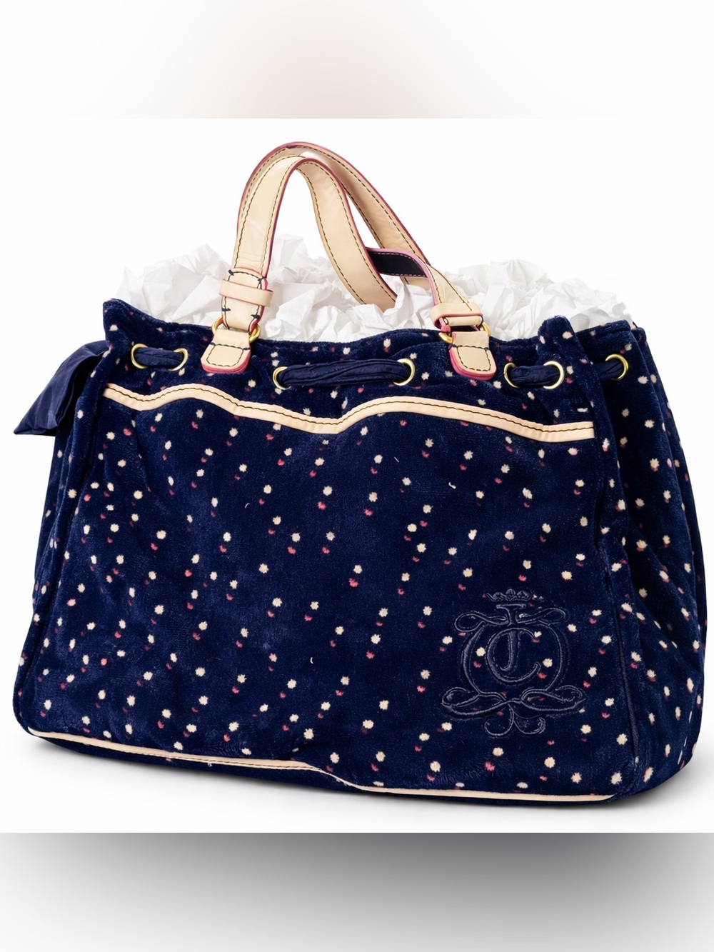 Juicy Couture Navy Polka Dot Satchel – Cream Trim, Gold Hardware, JC Monogram